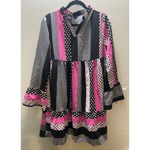 Niay Patchwork Stripe Polka Dot Mini Dress Women's XL Pink Black Ruffle Sleeve